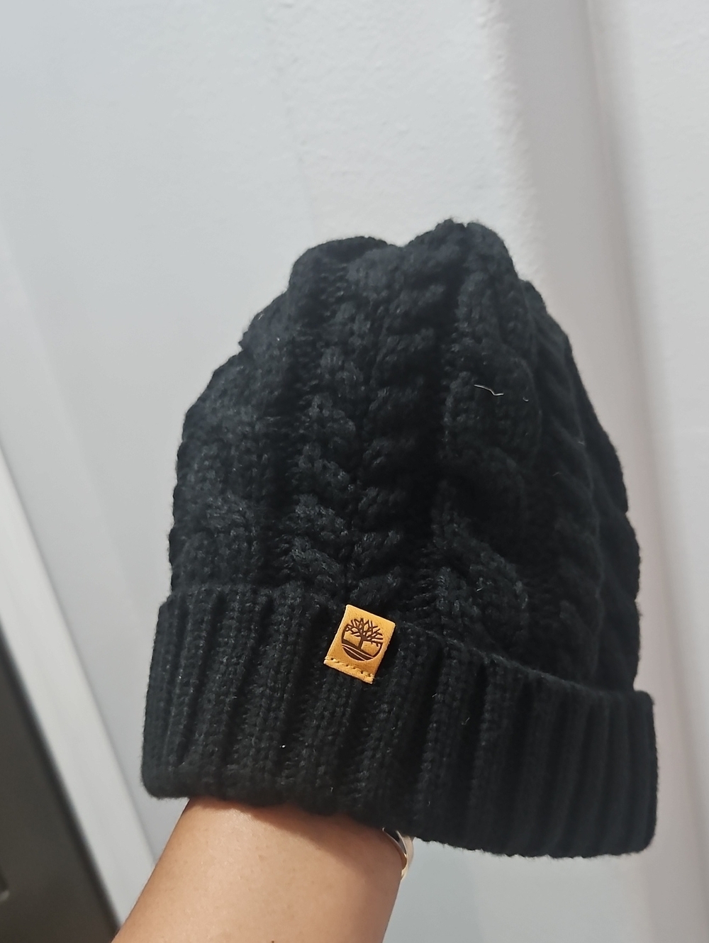Timberland Black Cable Knit Folded Cuff Beanie with Logo Patch